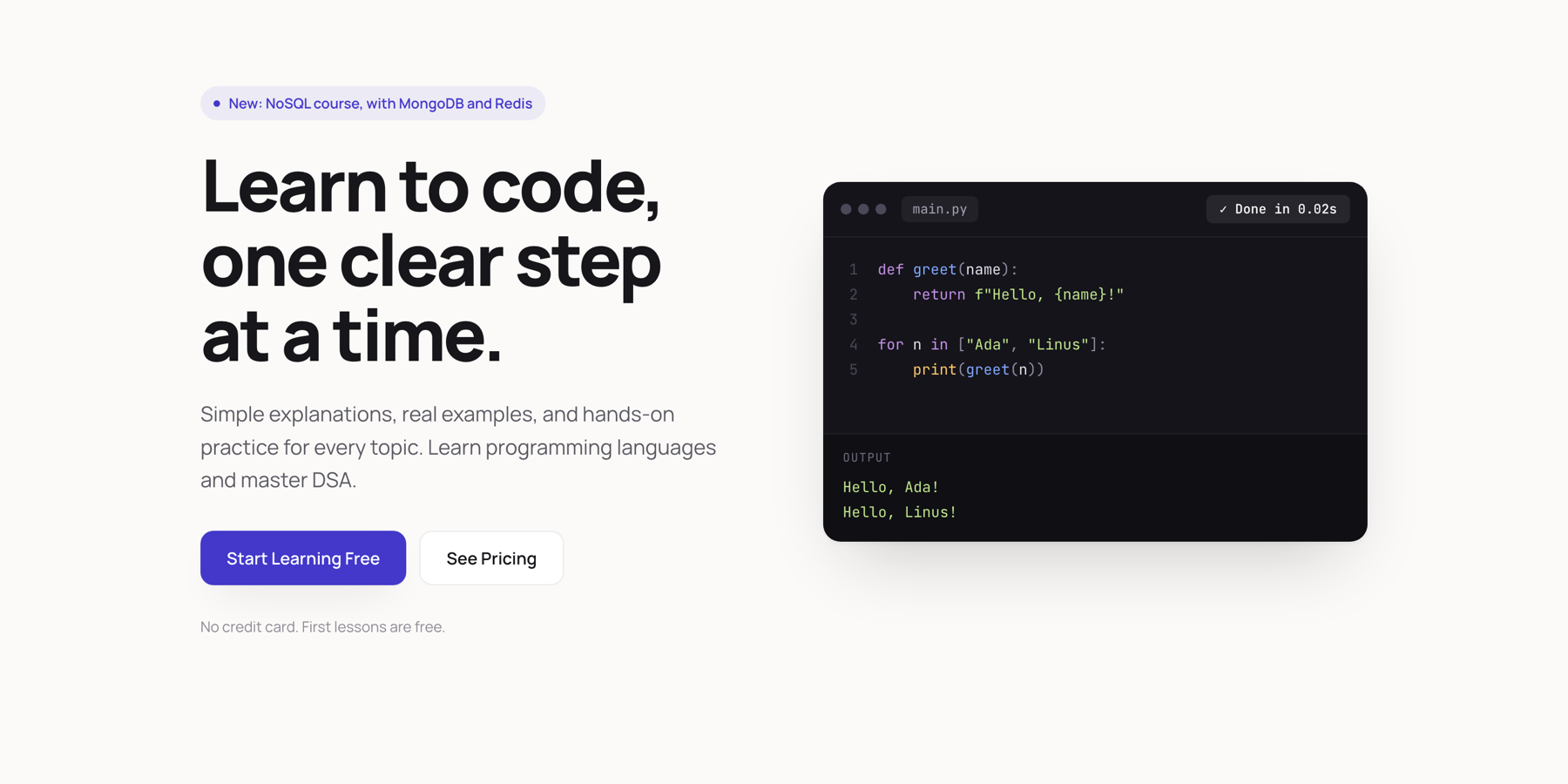 CodeStride home page with a Python editor and its output