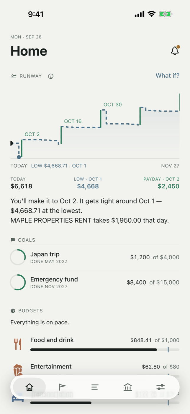 Finights home screen showing the balance runway to the next payday, with the low point called out