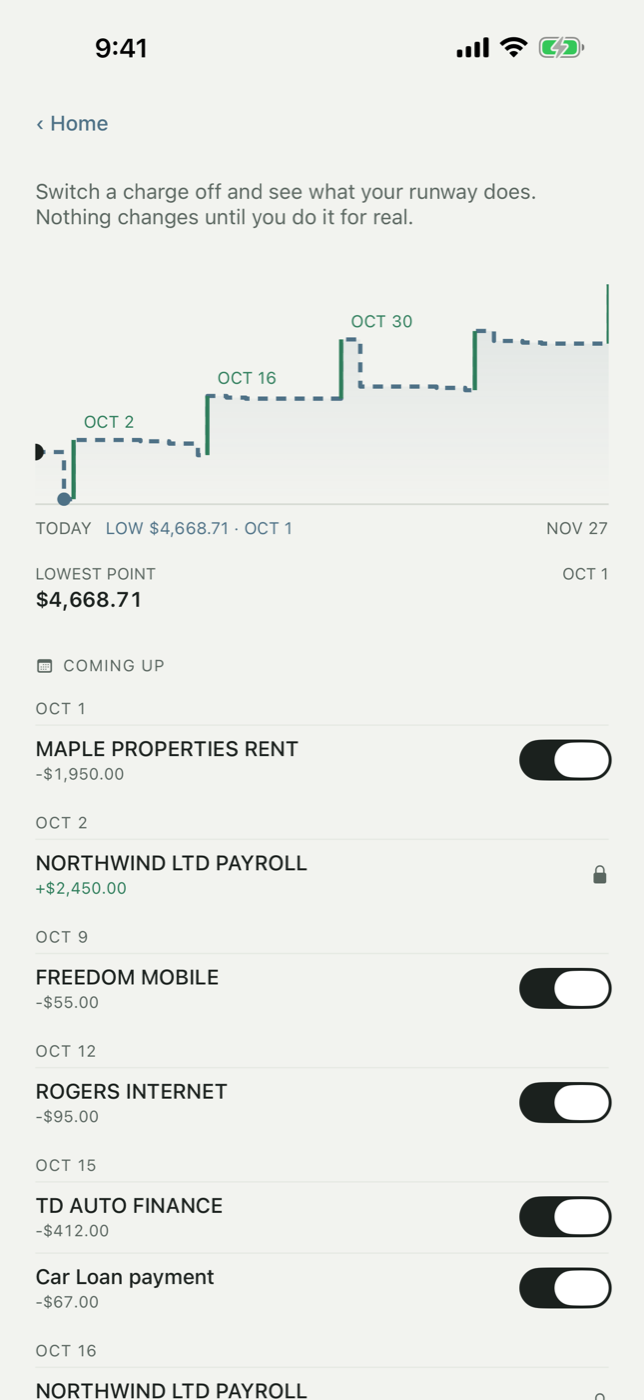 Finights what-if screen: switch upcoming charges off and watch the runway redraw