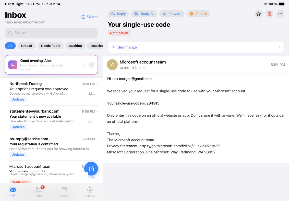 VectaMail inbox split view on iPad