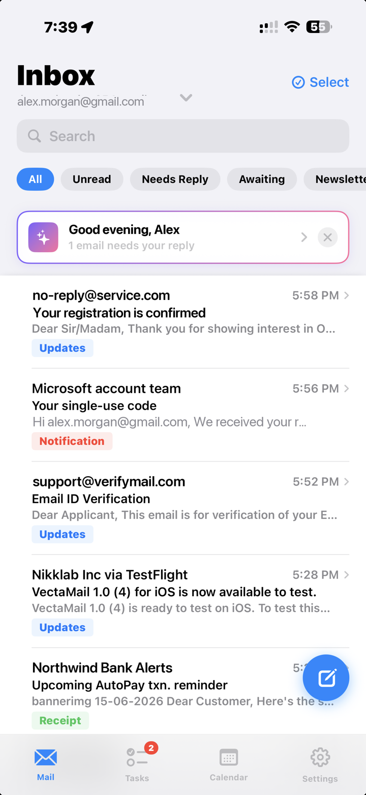 VectaMail inbox on iPhone