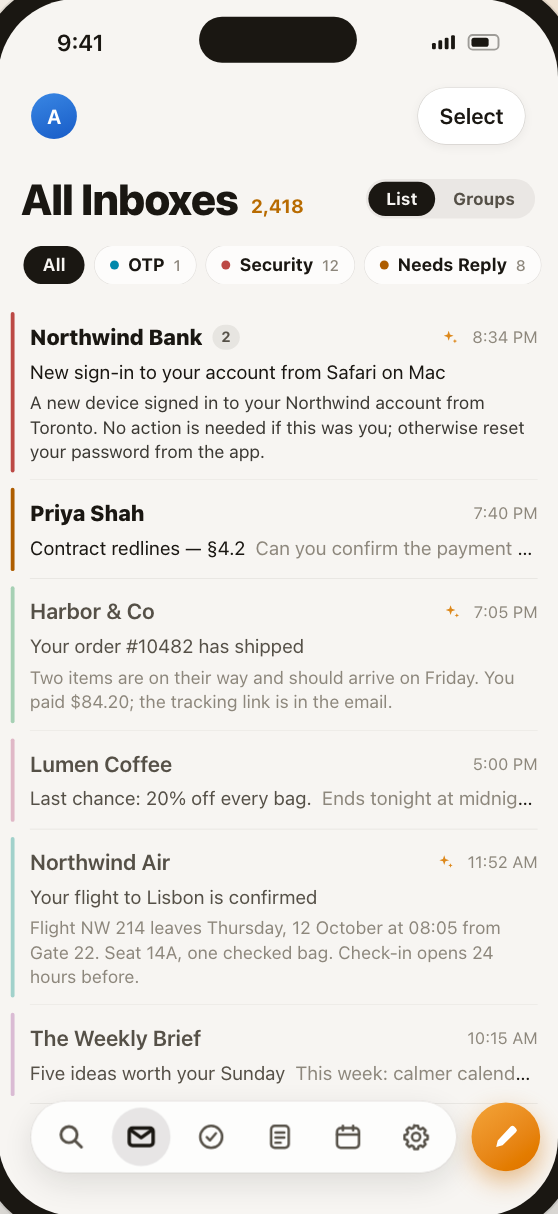 VectaMail All Inboxes on iPhone, with emails colour-coded by category